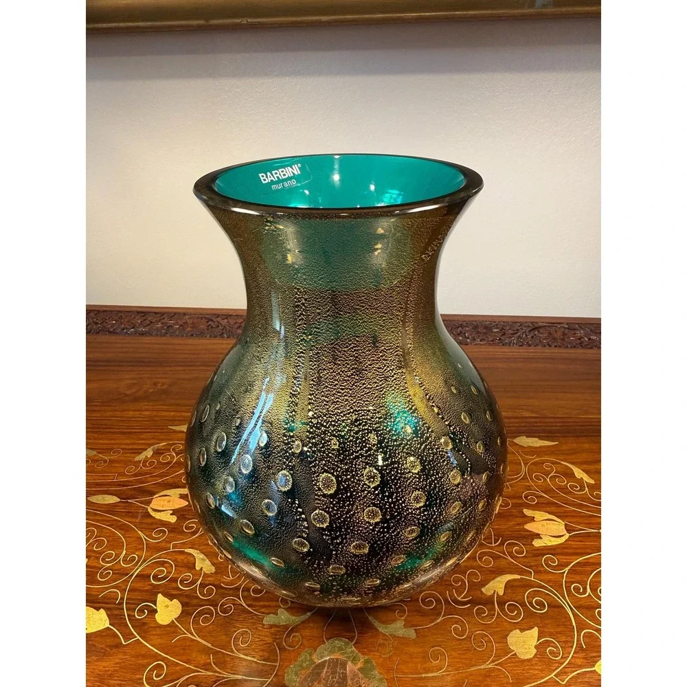 Signed Barbini Murano Art Glass Vase Emerald Green Gold Aventurine Bullicante 7